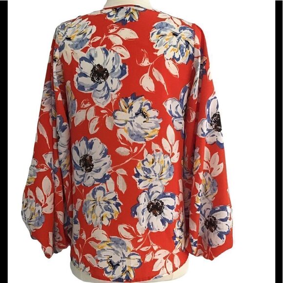 VICI V-Neck Red Floral Print Balloon 3/4 Sleeve Blouse Top - Picture 3 of 7